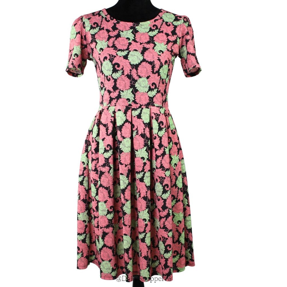 LulaRoe Women's "Amelia" Pink & Green Floral Paisley Fit & Flare Midi Dress
